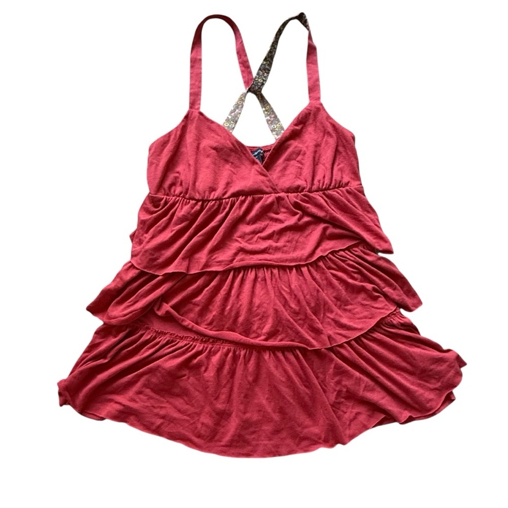 American Eagle Outfitters Red Tiered Ruffle Tank with Crisscross Straps